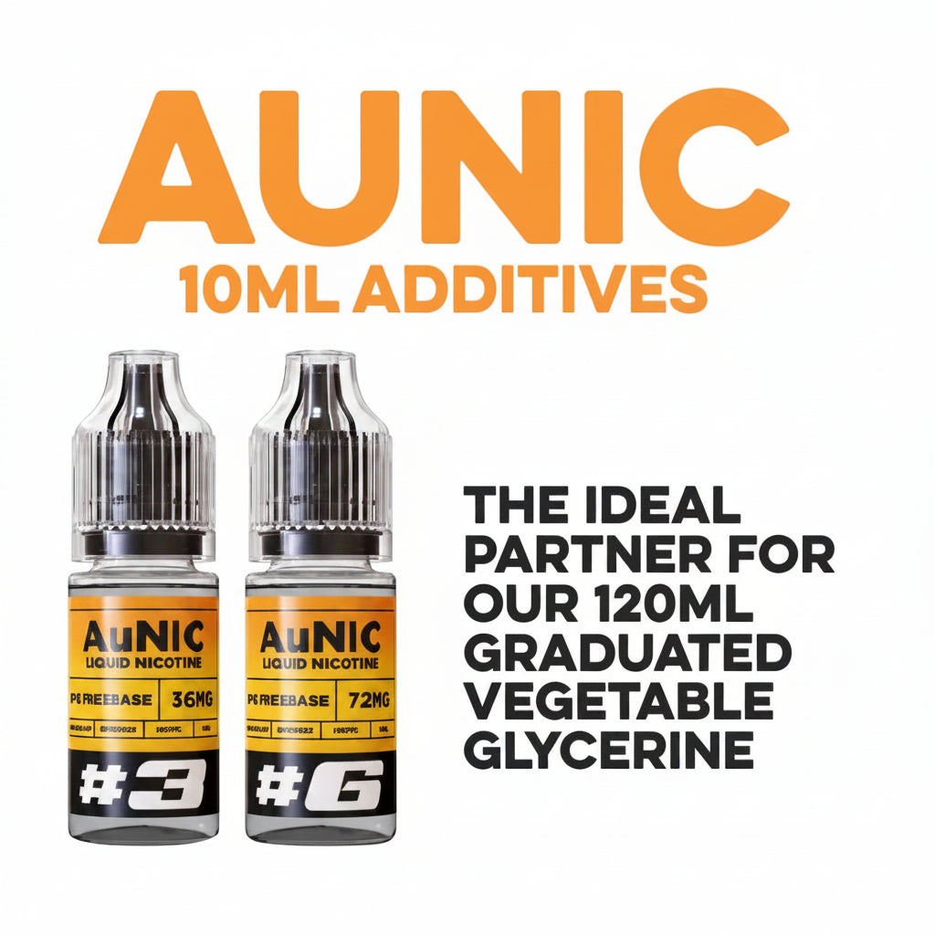 Two bottles of Aunic Liquid Nicotine #3 and #6 pureease additives, 10ml each, displayed on a white background with promotional text and a Black Cock logo.