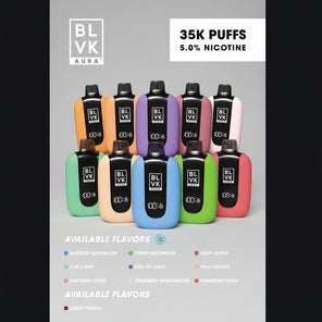 Assorted BLVK vape devices with flavor options on a black background