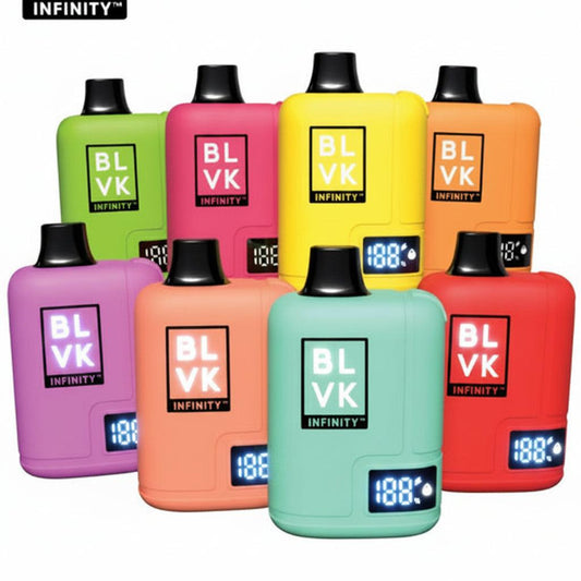 Assorted BLVK vape juice bottles with flavor names on a dark background