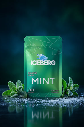 Green packaging of Iceberg Mint nicotine strips on a white background