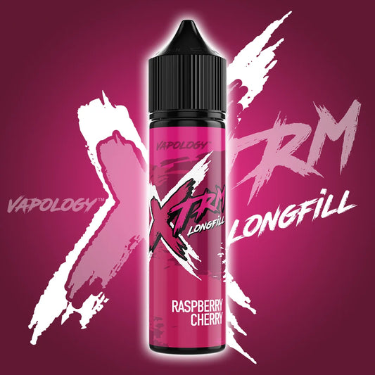 Vapology XTRM Longfill Raspberry Cherry e-liquid bottle on a pink background