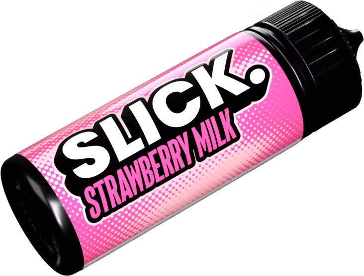 Row of Slick vape juice bottles in various flavors on a white background