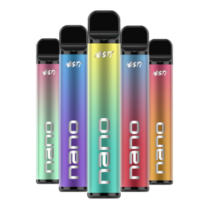 Five colorful Vaptio nano vape devices on a white background