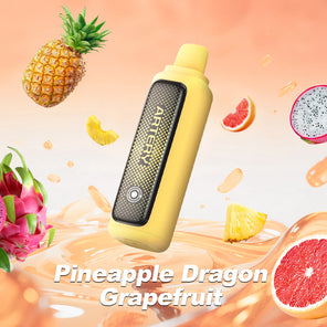 Yellow vape device with fruit-themed design on a colorful background
