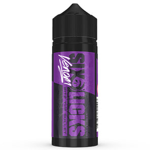 Black and purple vape juice bottle with 'Six Licks' branding on a white background