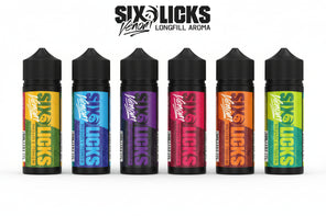 Six Licks Venom Longfill Aroma vape pens shown in a row, with the brand name 'SIX LICKS VENOM' and 'LONGFILL AROMA' printed above them on a black background.