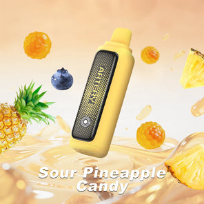 A yellow ARTEEN disposable vape device with a black textured panel displaying the brand name, surrounded by floating pineapple slices, blueberries, and syrup splashes with the text 'Sour Pineapple Candy' on a warm beige background.