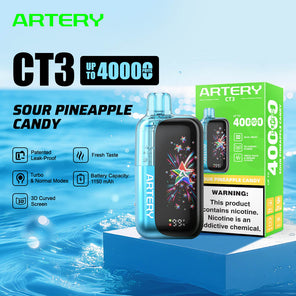 ARTERY CT3 Sour Pineapple Candy vape device and its green retail box displayed on a blue pedestal against a water-themed background, with product specs and icons shown in the graphic.