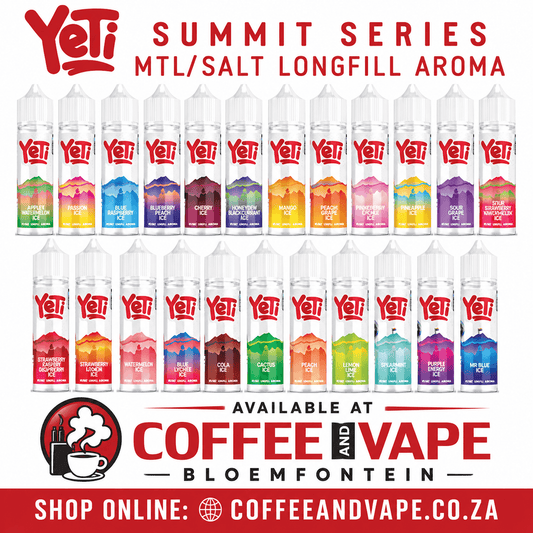 A promotional grid showing 24 Yeti Summit Series MTL/Salt Longfill Aroma e-liquid bottles arranged in four rows, each bottle displaying a different colorful flavor label. The top features the red 'Yeti' logo and 'SUMMIT SERIES MTL/SALT LONGFILL AROMA' text, while the bottom includes 'AVAILABLE AT COFFEE AND VAPE BLOEMFONTEIN' and 'SHOP ONLINE: COFFEEANDVAPE.