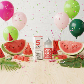 AirSops watermelon vape juice bottle and packaging on a white background