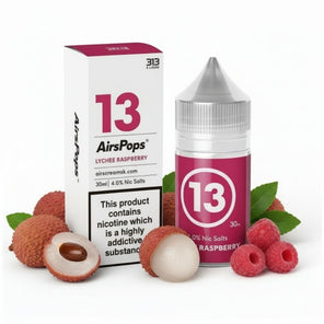 Airspops Lychee Raspberry e-liquid bottle and packaging on a white background