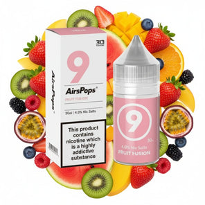 Airspops vape juice bottle and packaging on a white background