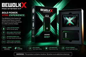 Bewolk X Pod System Kit Mint vape kit with green neon design, refillable pod system and rechargeable device