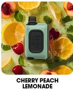 Insta Bar 20K Puffs Cherry Peach Lemonade flavor vape on fruity yellow-red background