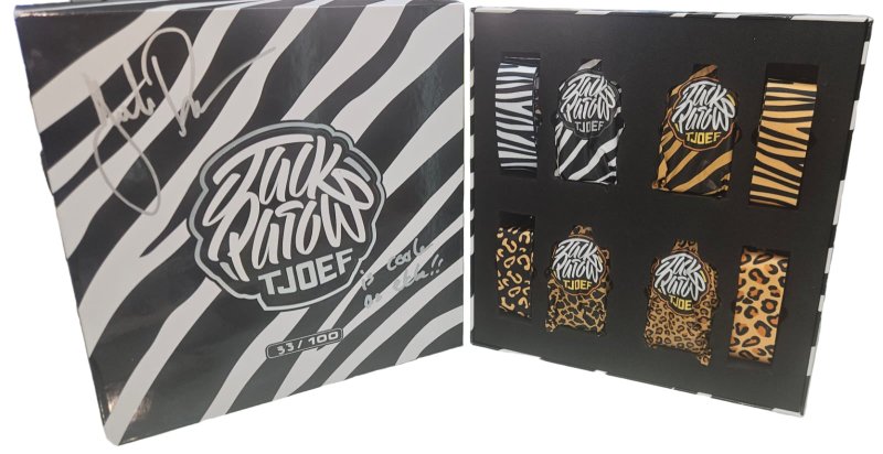 Packaging with zebra pattern and 'TJOFE' branding, featuring small items inside.