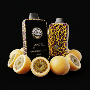 Two vape devices with leopard print and black designs on a black background