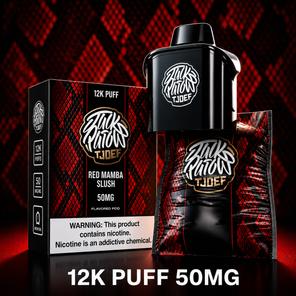 Jack Parow Tjoef 12K Puff 50MG Red Mamba Slush flavoured pod with red snakeskin packaging and device