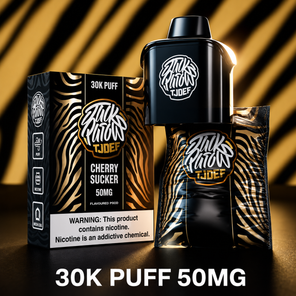 Jack Parrow JTJOEF 30K Puff 50MG Cherry Sucker vape with black and gold zebra packaging and device