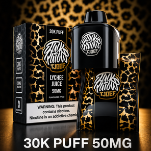 Jack Parrow JTJOEF 30K Puff 50MG Lychee Juice vape with gold leopard packaging and device