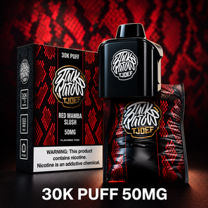 Jack Parrow JTJOEF 30K Puff 50MG Red Mamba Slush vape with red snakeskin packaging and device