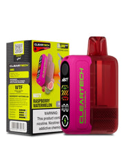 Red and pink vape device with 'Cleartech' branding next to its packaging on a white background