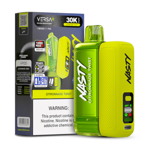 Nasty VERSA 30k - Green vape device with 'Nasty' branding next to its packaging on a white background