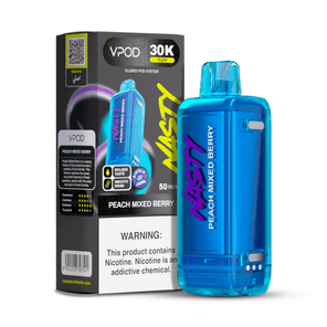 NASTY VERSA Hybrid Pod - Blue vape device with 'Nasty' branding next to its packaging on a white background
