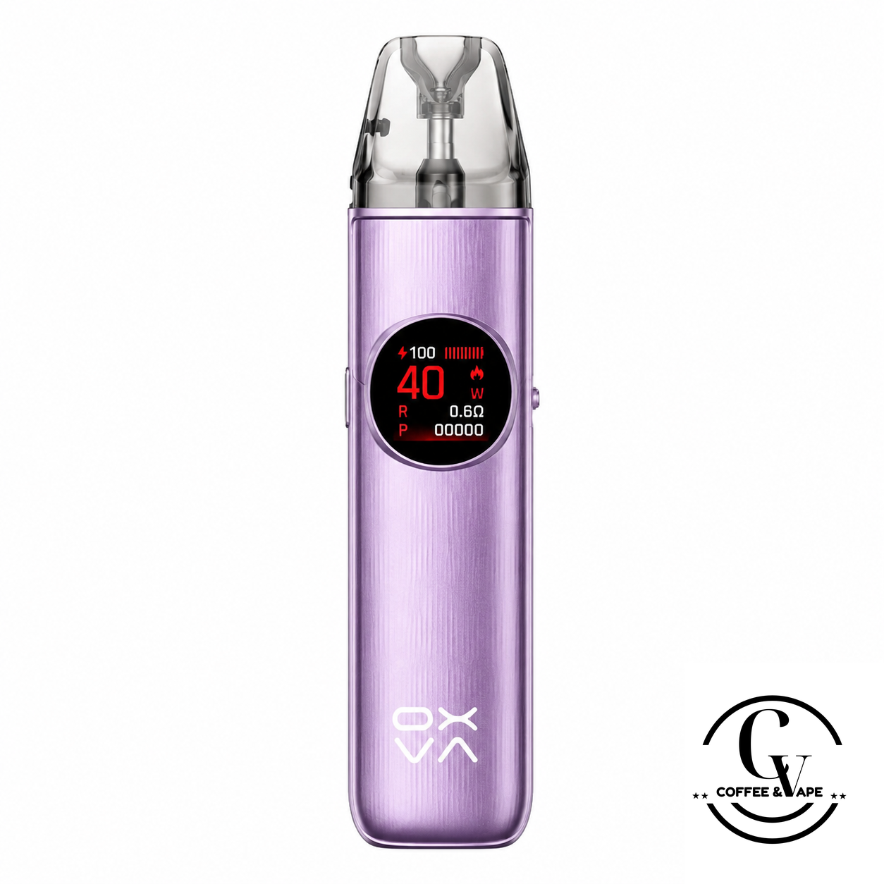 A purple metallic vape device with a digital display screen on the front, shown against a plain white background with a 'GV Coffee & VaPE' logo watermark in the bottom right corner.