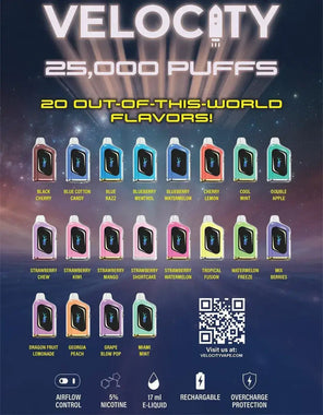 Velocity 25K Puffs disposable vape lineup in assorted flavors and colors on blue background