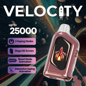Velocity 25K Puffs disposable vape with digital screen and flavor control on dark promotional background