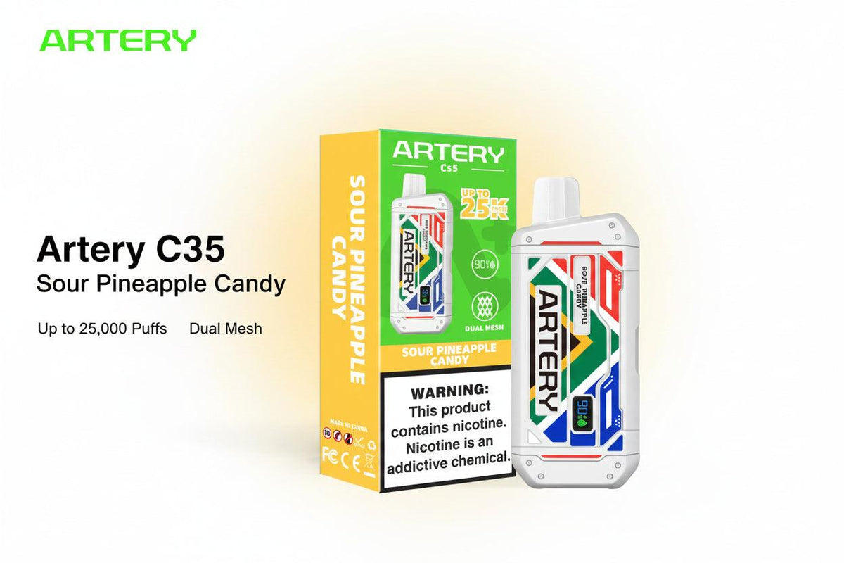 Artery vape device and packaging with colorful design on a white background