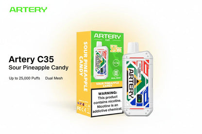 Artery vape device and packaging with colorful design on a white background
