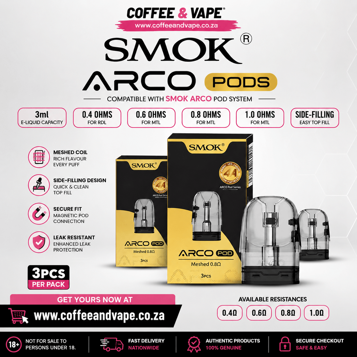 A promotional product graphic for 3 SMOK ARCO Pods (3ml) shown with their packaging boxes and three individual pods on a light gray background. The graphic includes feature callouts, resistance options (0.