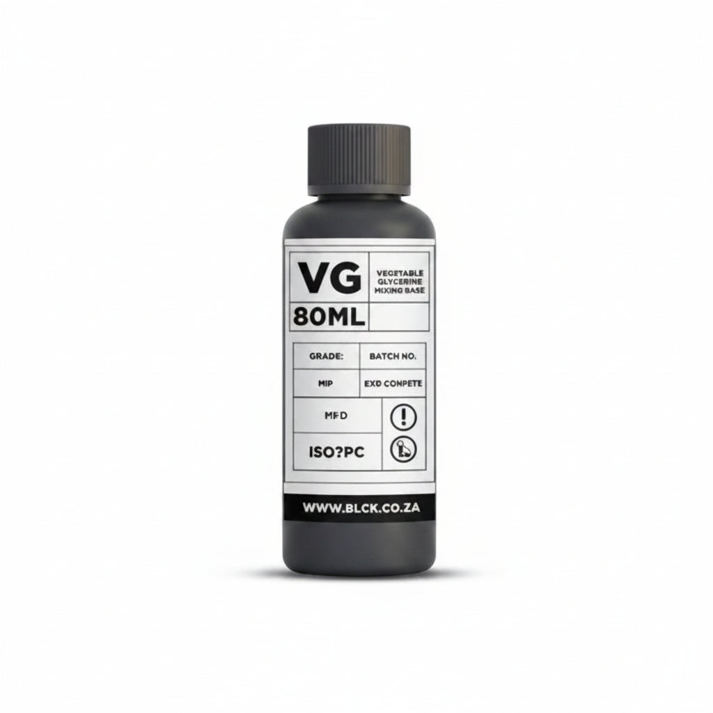 A 80ml bottle of VG juice with a black cap and a white label featuring black text, shown on a white background with a small blue logo in the bottom-left corner.