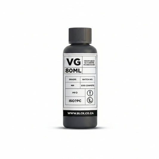 A 80ml bottle of VG juice with a black cap and a white label featuring black text, shown on a white background with a small blue logo in the bottom-left corner.