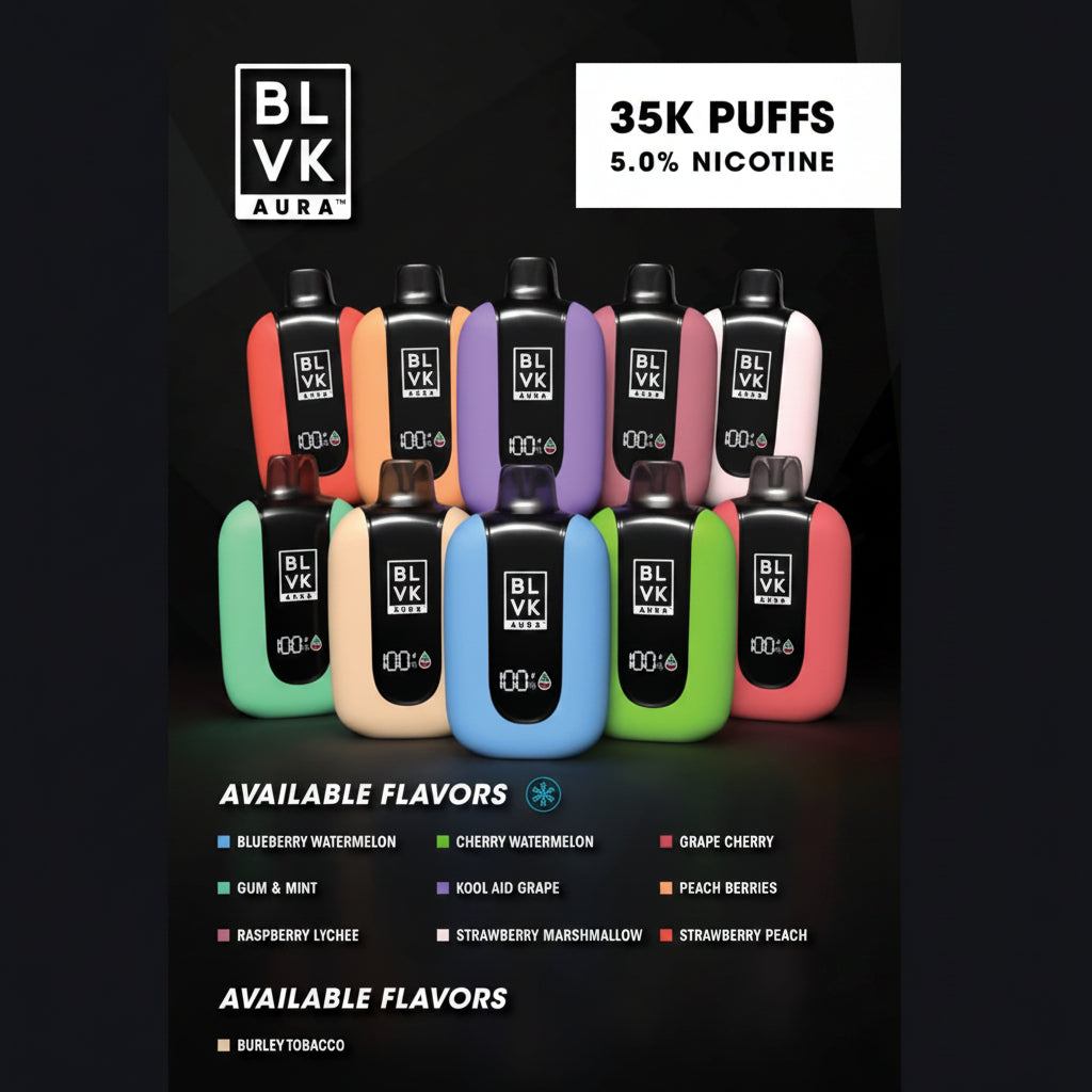 Assorted BLVK vape devices with flavor options on a black background