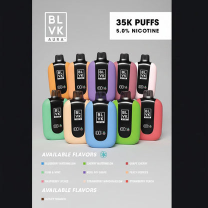 Assorted BLVK vape devices with flavor options on a black background