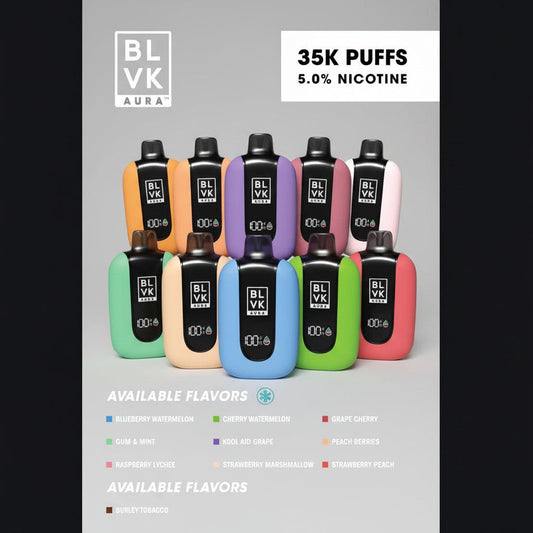 Assorted BLVK vape devices with flavor options on a black background