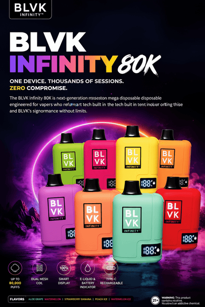 BLVK Infinity vape devices in various colors with branding and product details.