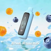 A light blue ARTEY vape device labeled 'Blue Rancher' floating over a water splash graphic with floating blueberries and orange fruit pieces on a light blue background.
