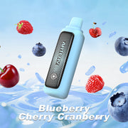 A light blue disposable vape device with a black textured panel labeled 'ARTERY' floating over a blue liquid splash background with floating blueberries, cherries, and raspberries. Text at the bottom reads 'Blueberry Cherry Cranberry'.