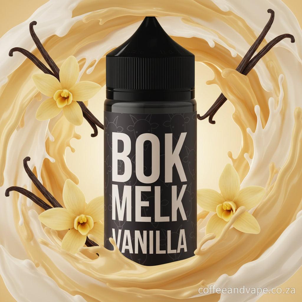 Black bottle with 'BOK MELK VANILLA' text on a white background