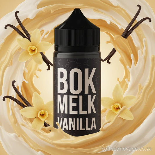 Black bottle with 'BOK MELK VANILLA' text on a white background