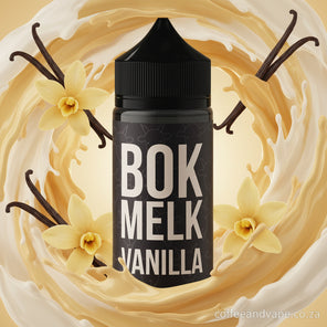 Black bottle with 'BOK MELK VANILLA' text on a white background
