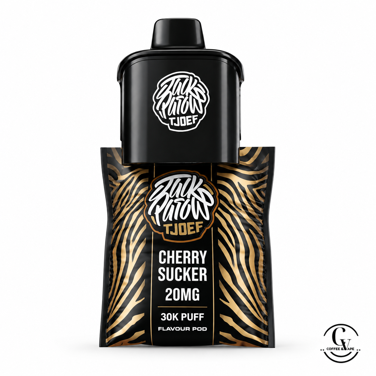 A single vape flavour pod package from Zuck Rattan TjoeF on a plain white background. The product has a black top section and a black-and-gold zebra-stripe patterned lower section, with white and gold branding and text reading 'Cherry Sucker 20MG' and '30K Puff Flavour Pod'.