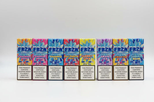 Row of FRZN vape device packaging with colorful designs on a white background.