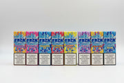 Row of FRZN vape device packaging with colorful designs on a white background.