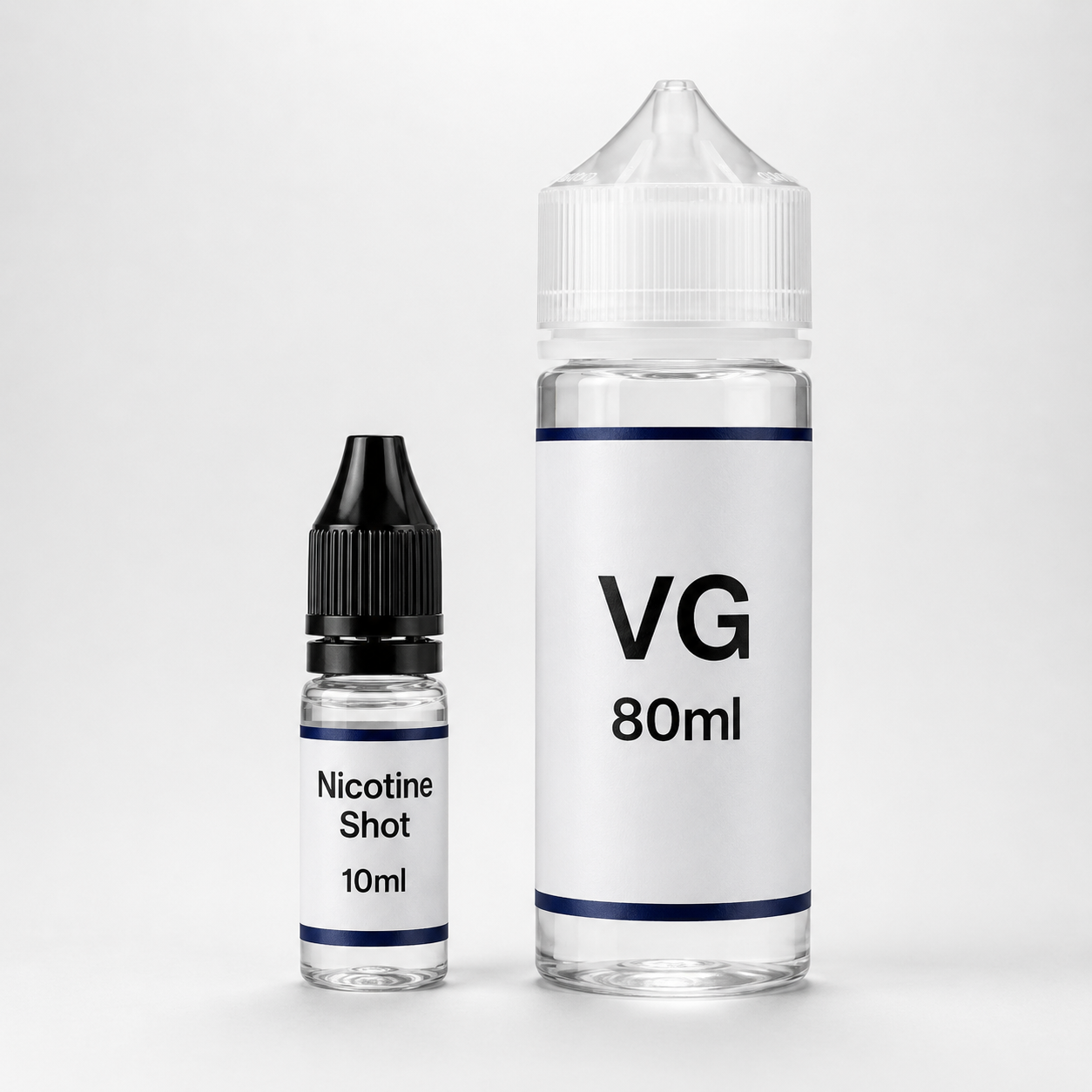 Two clear e-liquid bottles on a light gray studio background: a larger 80ml bottle labeled 'VG 80ml' with a white cap and white label, and a smaller black-capped bottle labeled 'Nicotine Shot 10ml' with a white label.