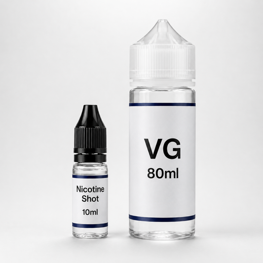 Two clear e-liquid bottles on a light gray studio background: a larger 80ml bottle labeled 'VG 80ml' with a white cap and white label, and a smaller black-capped bottle labeled 'Nicotine Shot 10ml' with a white label.