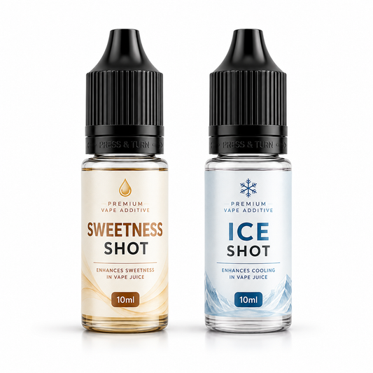 Two 10ml bottles of Premium Vape Additive 'Press to Turn' e-liquid on a white background. The left bottle is 'Sweetness Shot' with a beige label and brown text, and the right bottle is 'Ice Shot' with a light blue label and blue text.